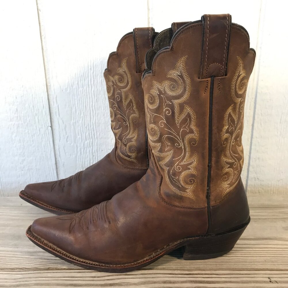 Justin Shorty Scalloped Womens Brown Leather Western Boots 10 B L4933 USA